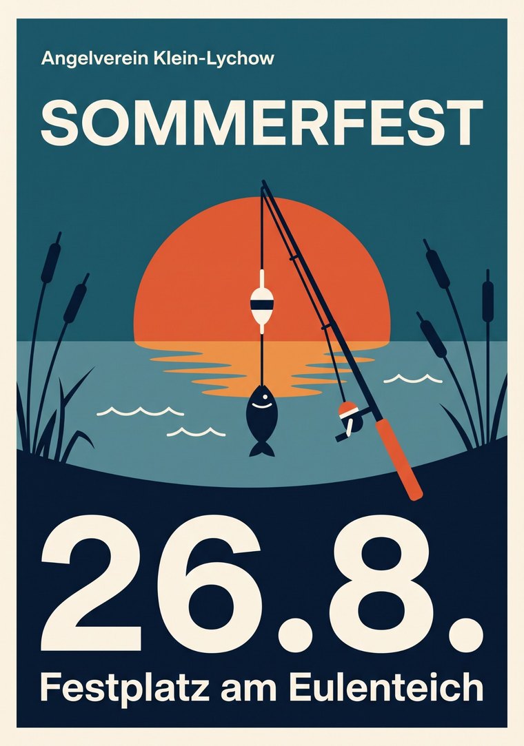 Beispiel: KI-erzeugtes Plakatmotiv für das Sommerfest eines Angelvereins — flache Illustration mit Angel, See und Abendsonne